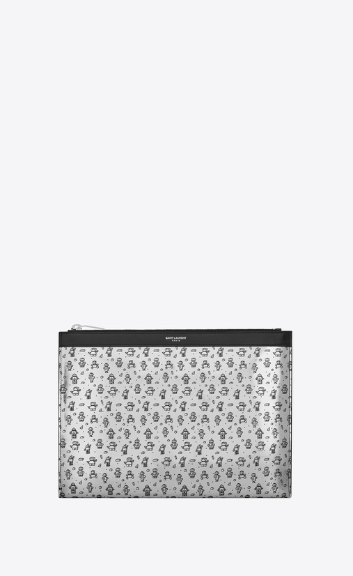 Zippered tablet case in mirror leather with a robot print